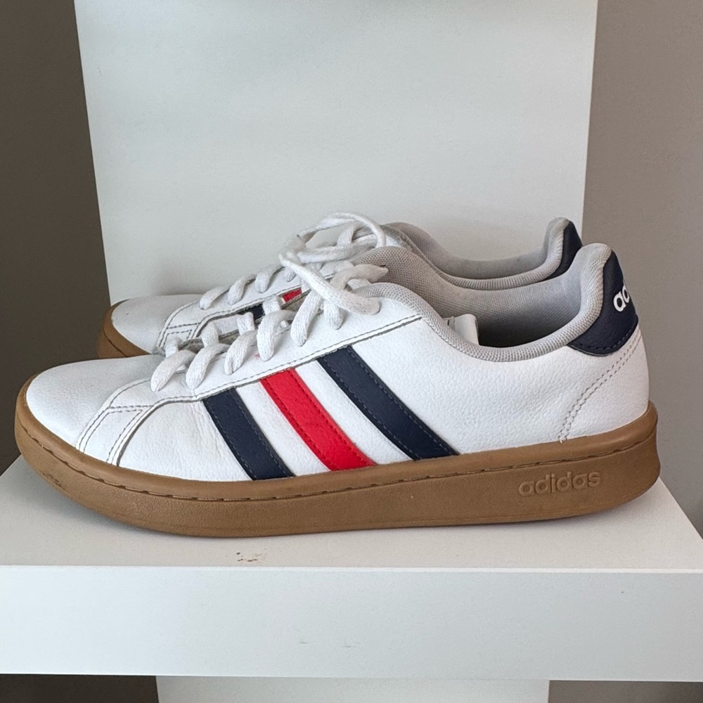 Adidas White Sneakers with Red and Navy Stripes